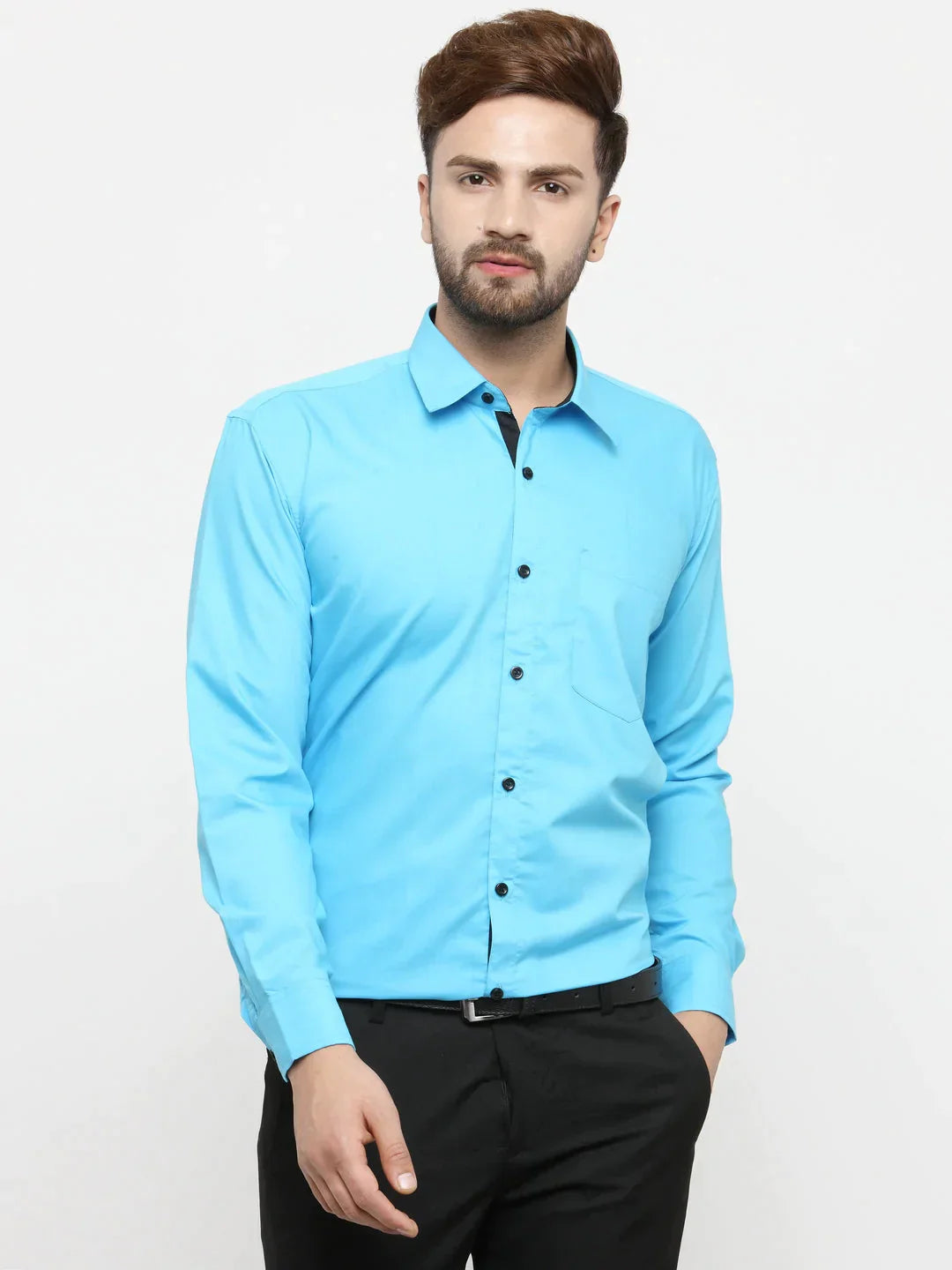 Men's Sky Blue Formal Shirt with black detailing - Taantav