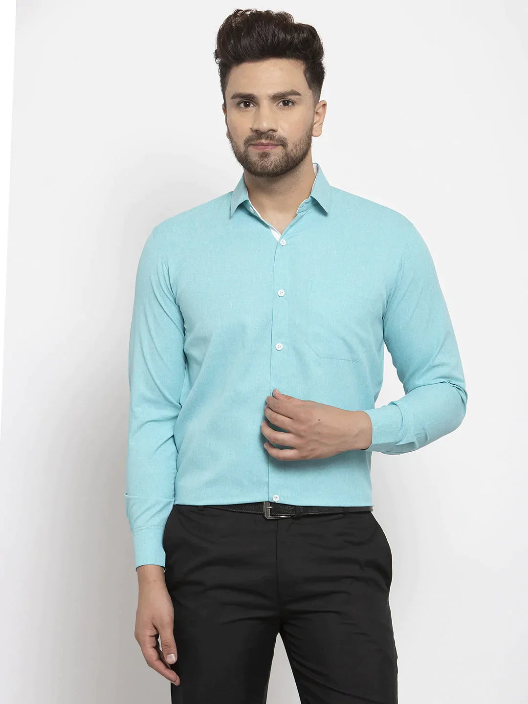 Men's Aqua Blue Formal Shirt with white detailing - Taantav