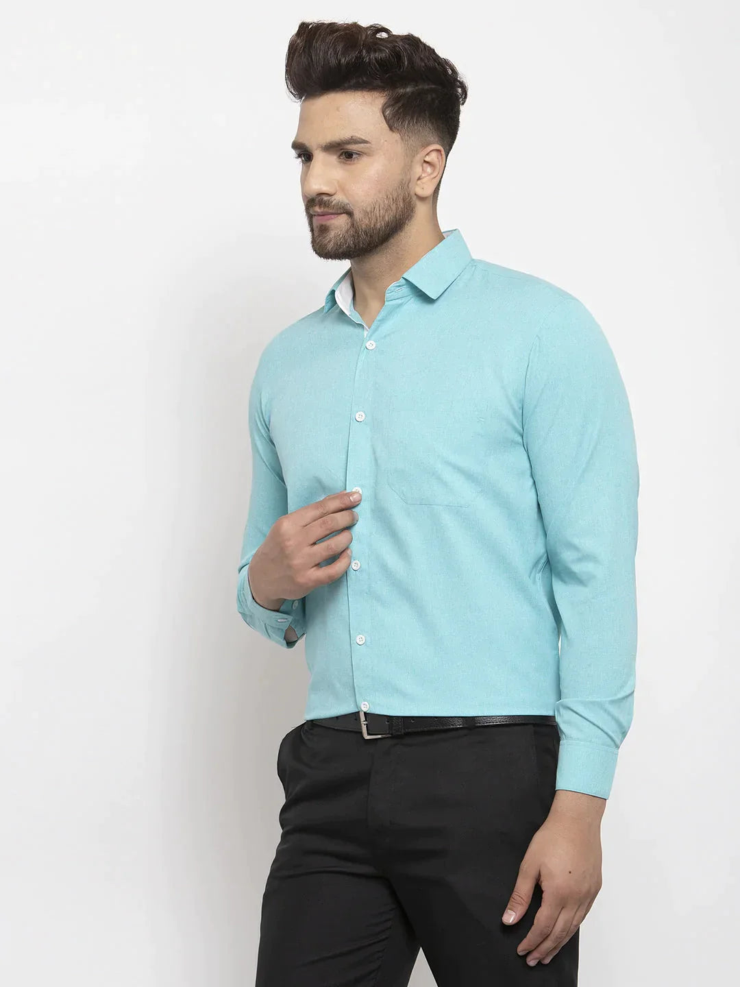 Men's Aqua Blue Formal Shirt with white detailing - Taantav