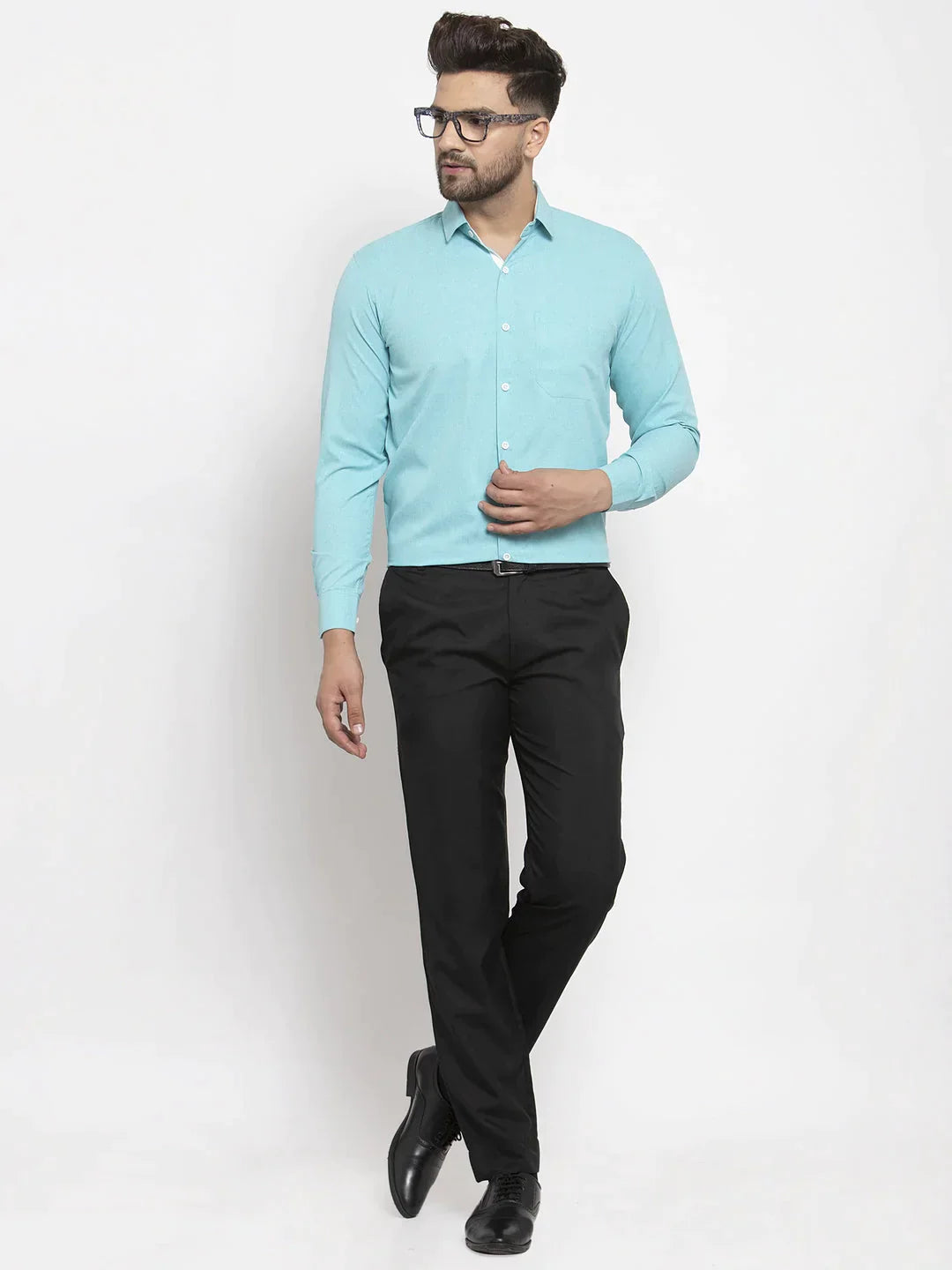 Men's Aqua Blue Formal Shirt with white detailing - Taantav