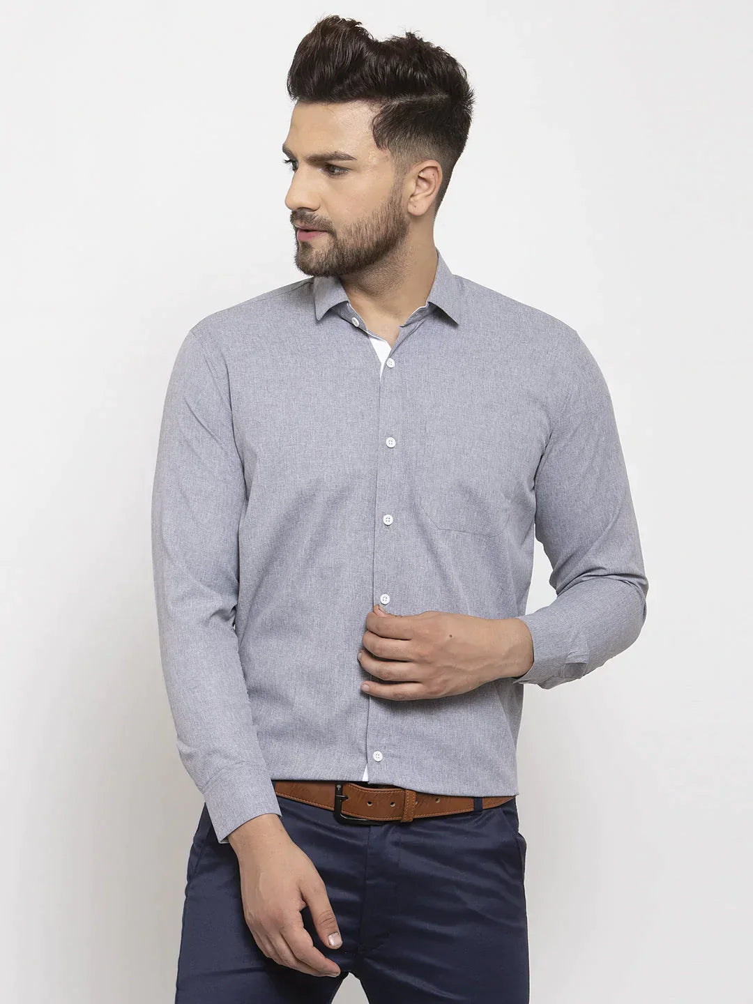 Men's Grey Formal Shirt with white detailing - Taantav