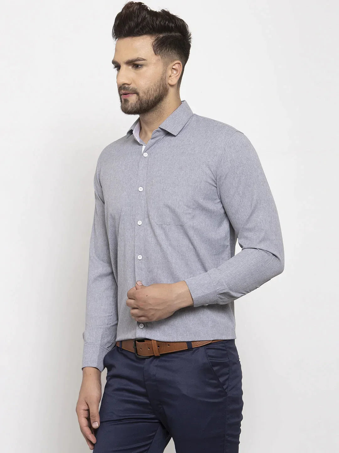 Men's Grey Formal Shirt with white detailing - Taantav