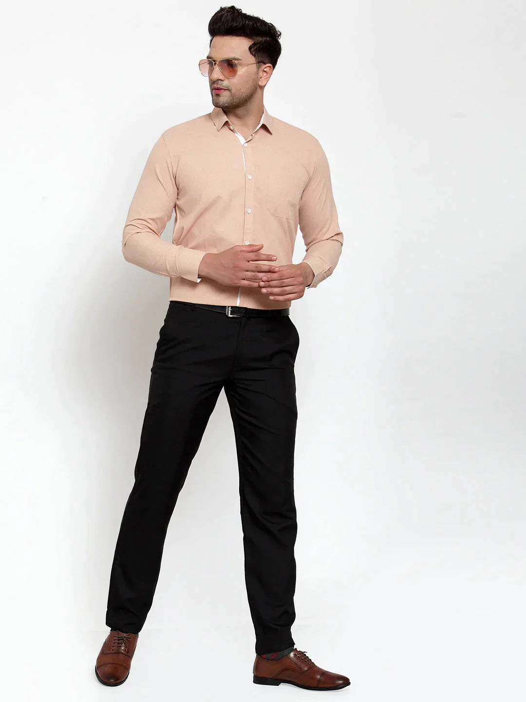 Men's Light-Brown Formal Shirt with white detailing - Taantav