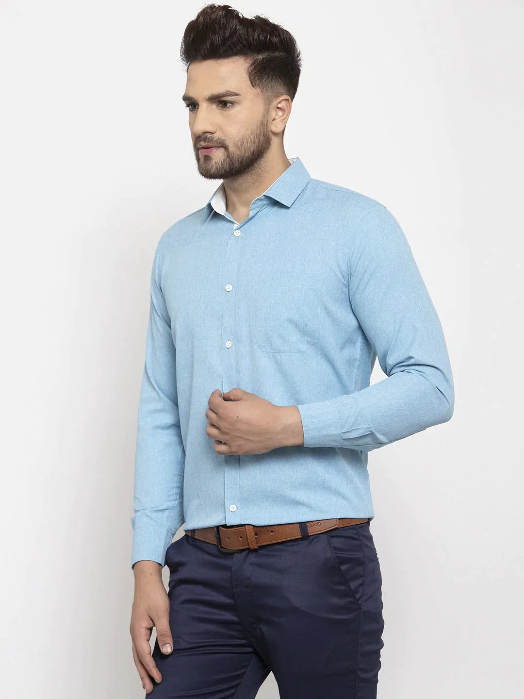 Men's Pista Green Formal Shirt with white detailing - Taantav