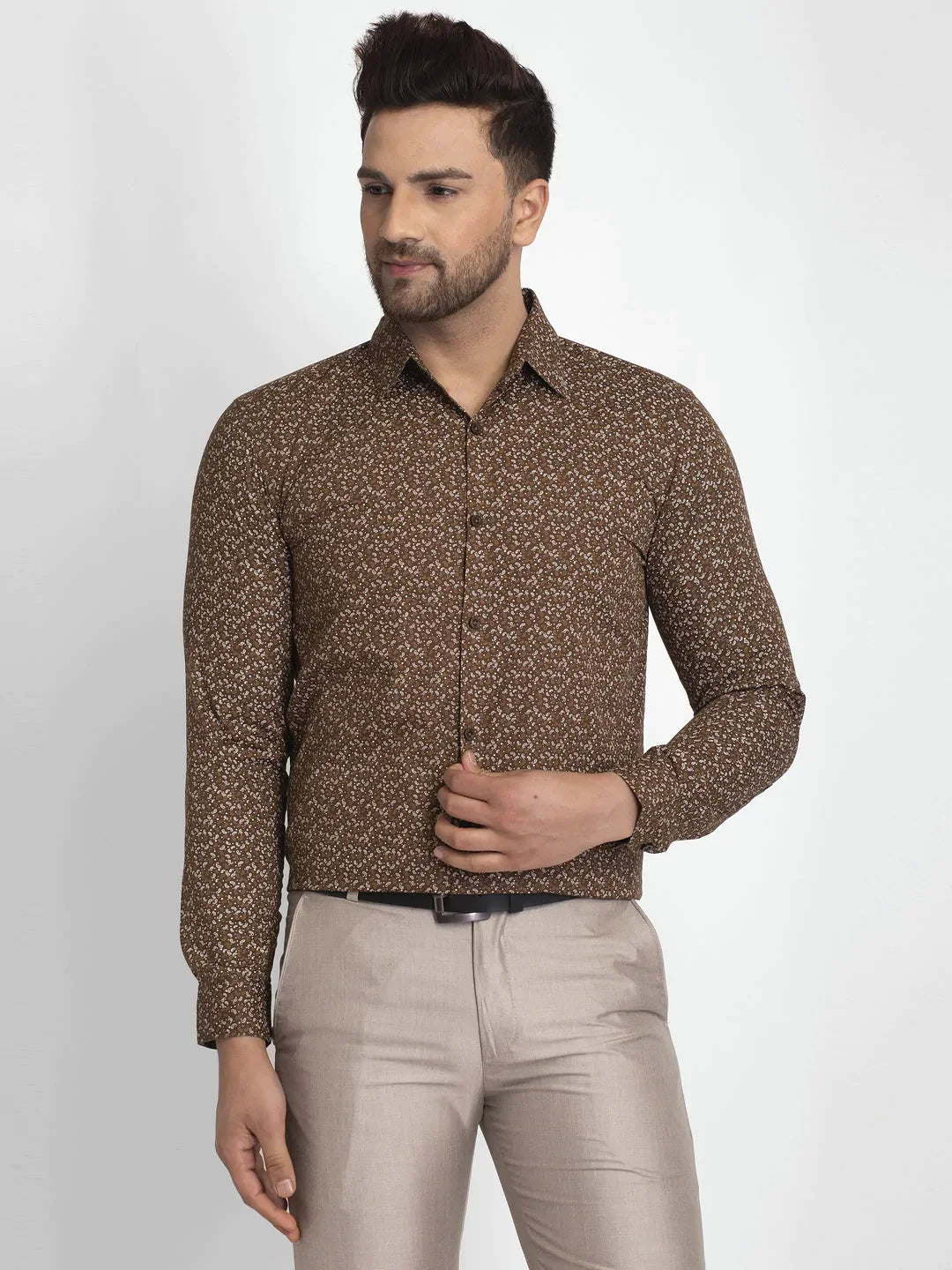 Men's Coffee Brown Printed Formal Shirt - Taantav