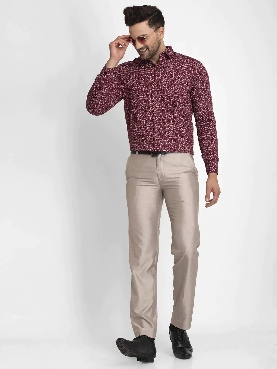 Men's Maroon Printed Formal Shirt - Taantav