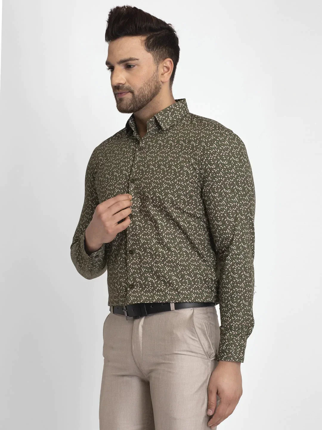 Men's Olive Green Printed Formal Shirt - Taantav