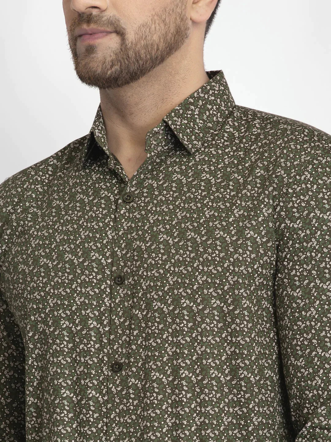 Men's Olive Green Printed Formal Shirt - Taantav