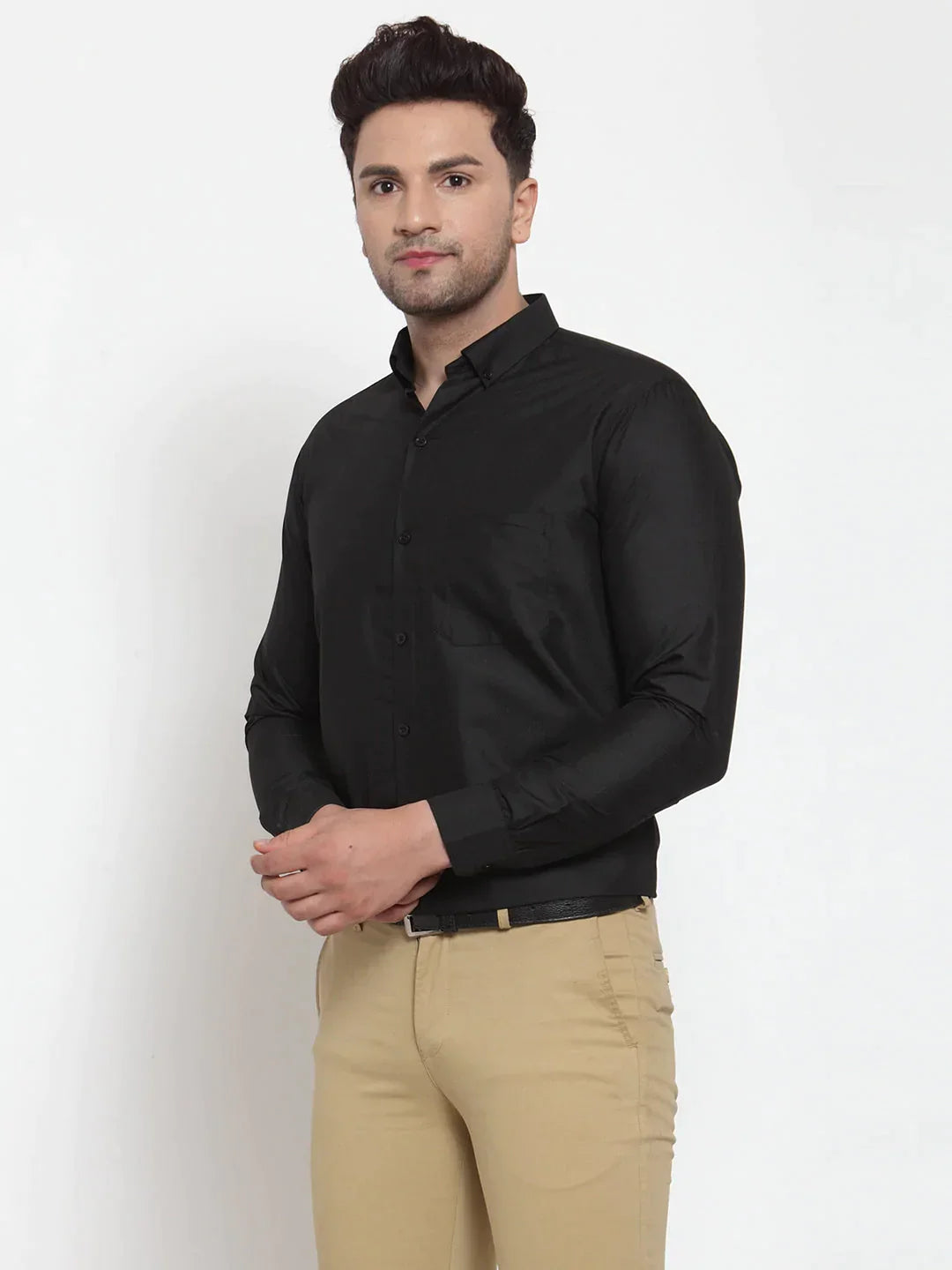 Men's Black Cotton Solid Button Down Formal Shirts - Taantav