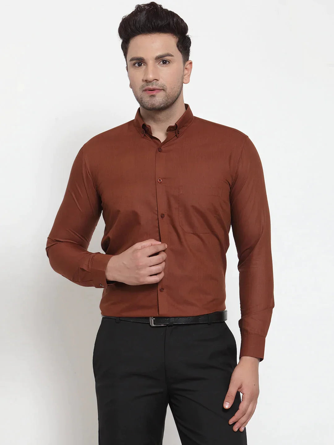 Men's Brown Cotton Solid Button Down Formal Shirts - Taantav