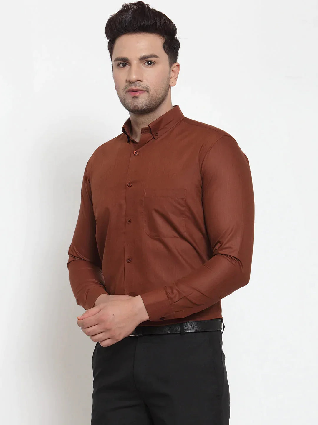 Men's Brown Cotton Solid Button Down Formal Shirts - Taantav