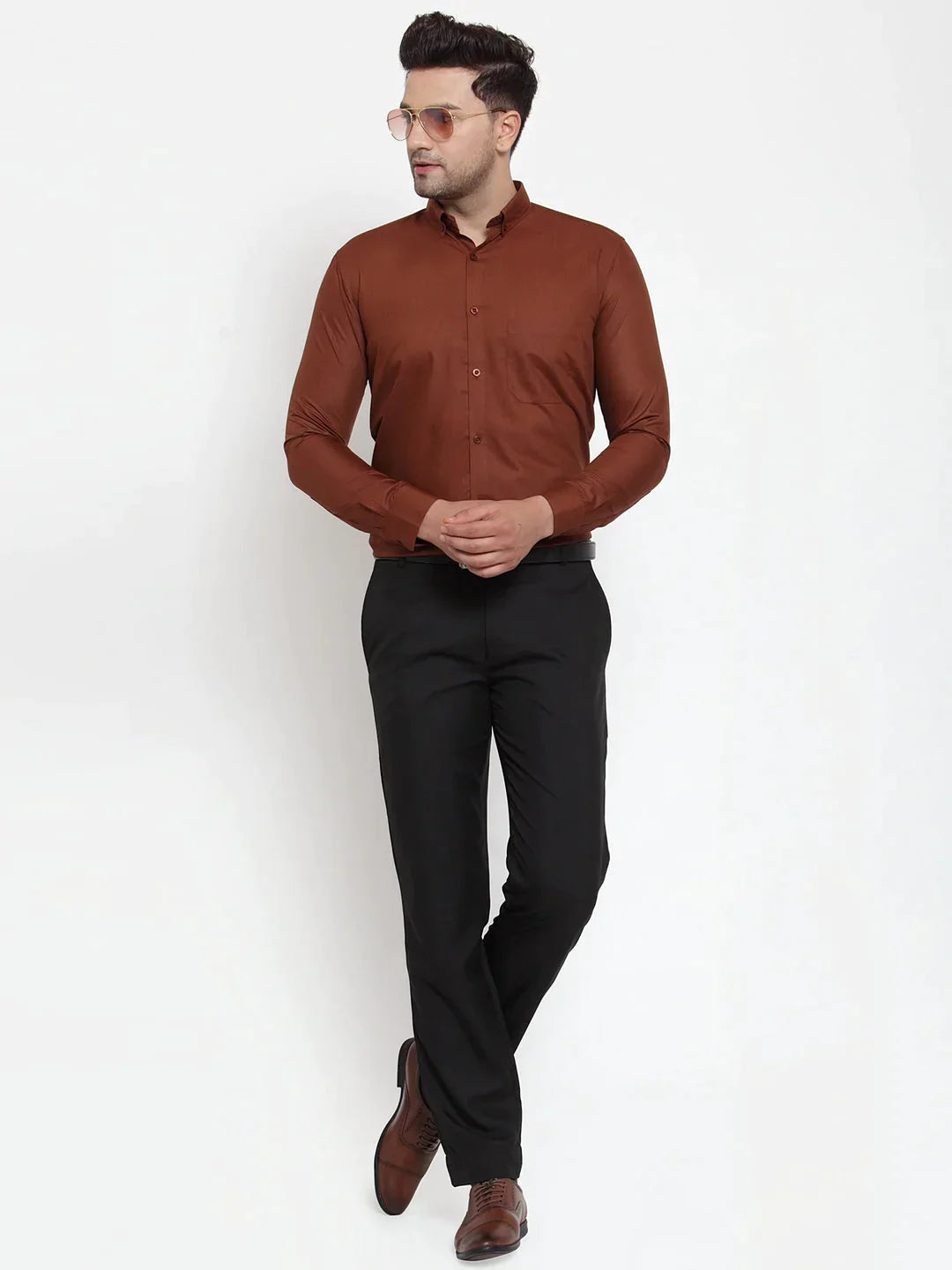 Men's Brown Cotton Solid Button Down Formal Shirts - Taantav