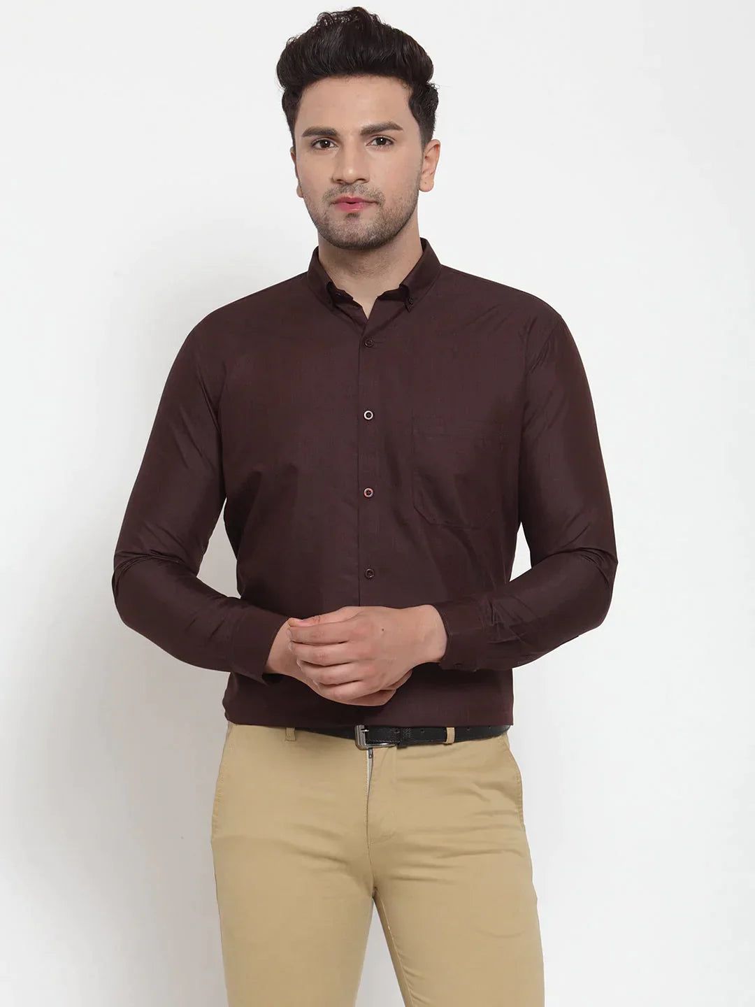 Men's Brown Cotton Solid Button Down Formal Shirts - Taantav