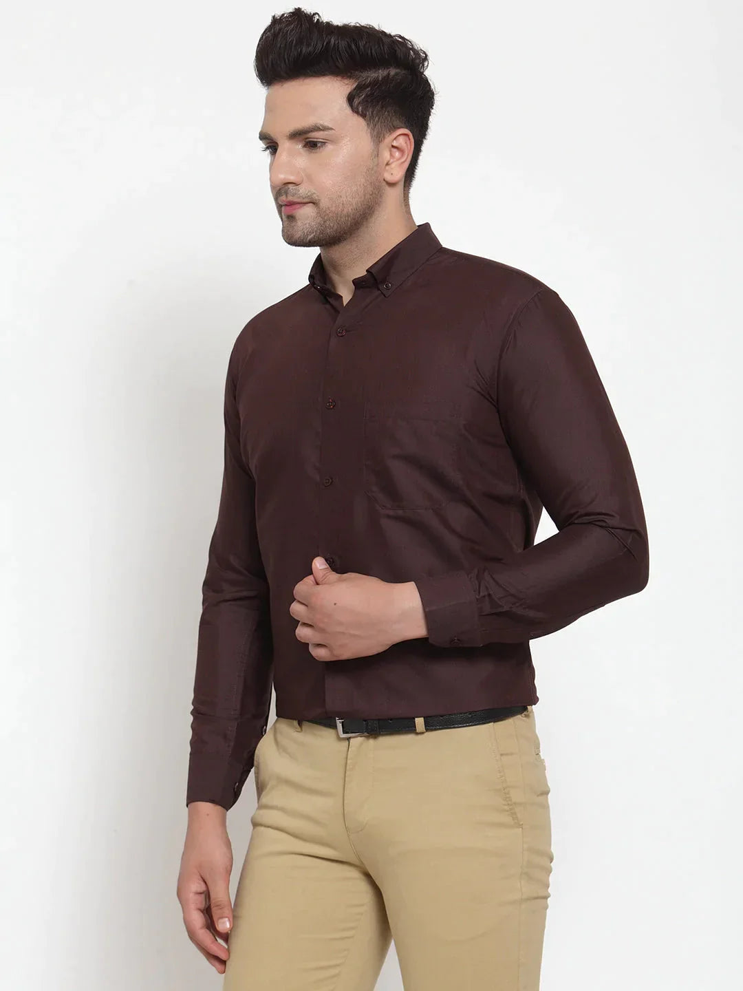 Men's Brown Cotton Solid Button Down Formal Shirts - Taantav