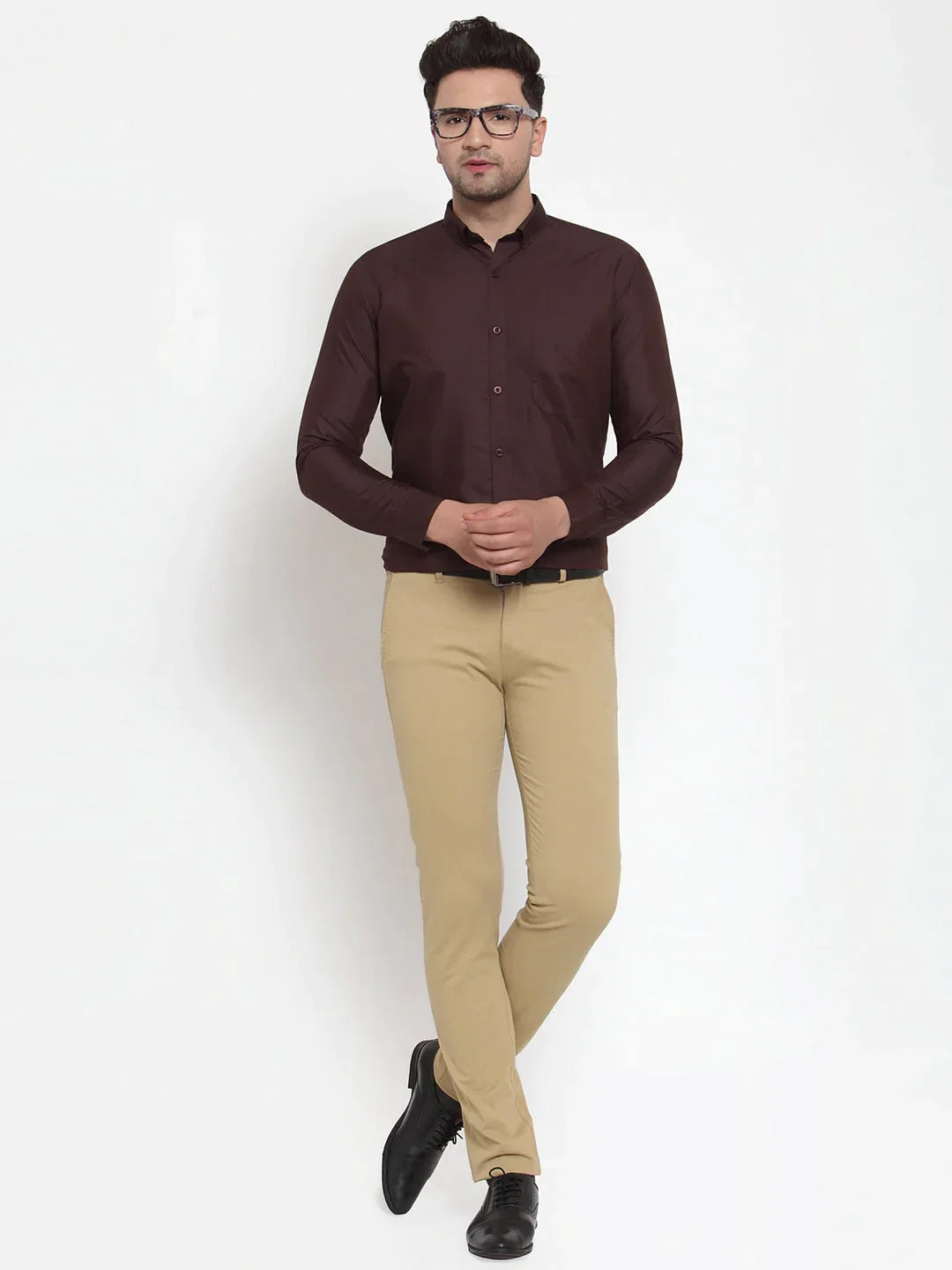 Men's Brown Cotton Solid Button Down Formal Shirts - Taantav