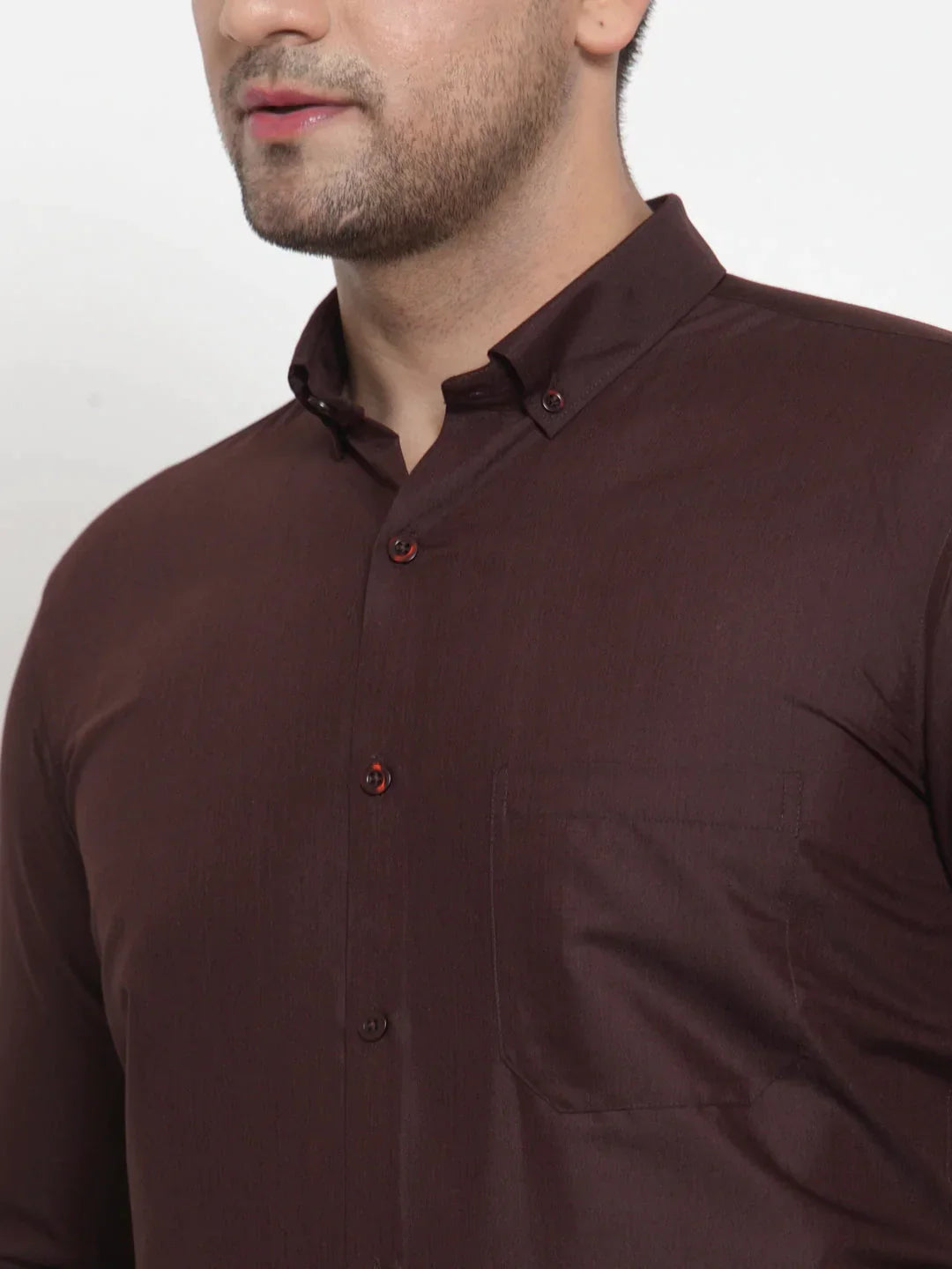 Men's Brown Cotton Solid Button Down Formal Shirts - Taantav