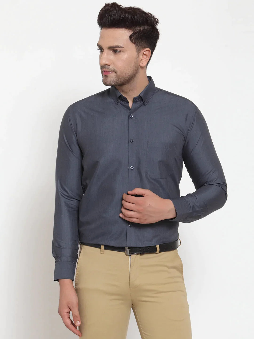 Men's Grey Cotton Solid Button Down Formal Shirts - Taantav