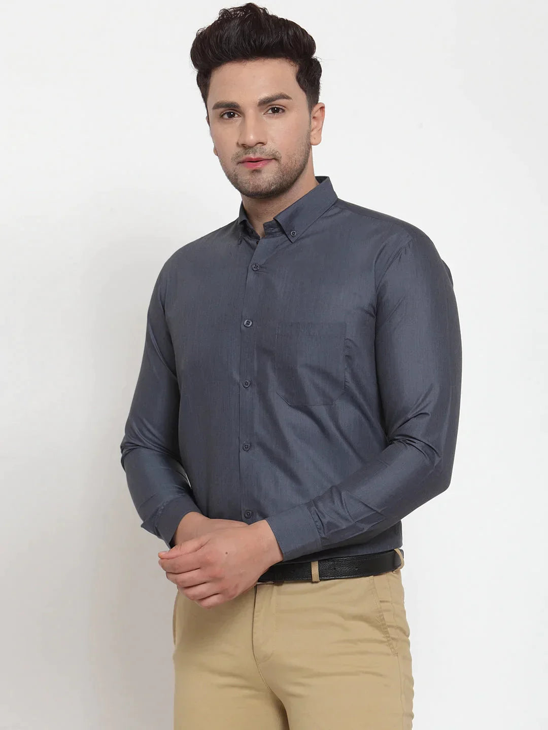 Men's Grey Cotton Solid Button Down Formal Shirts - Taantav