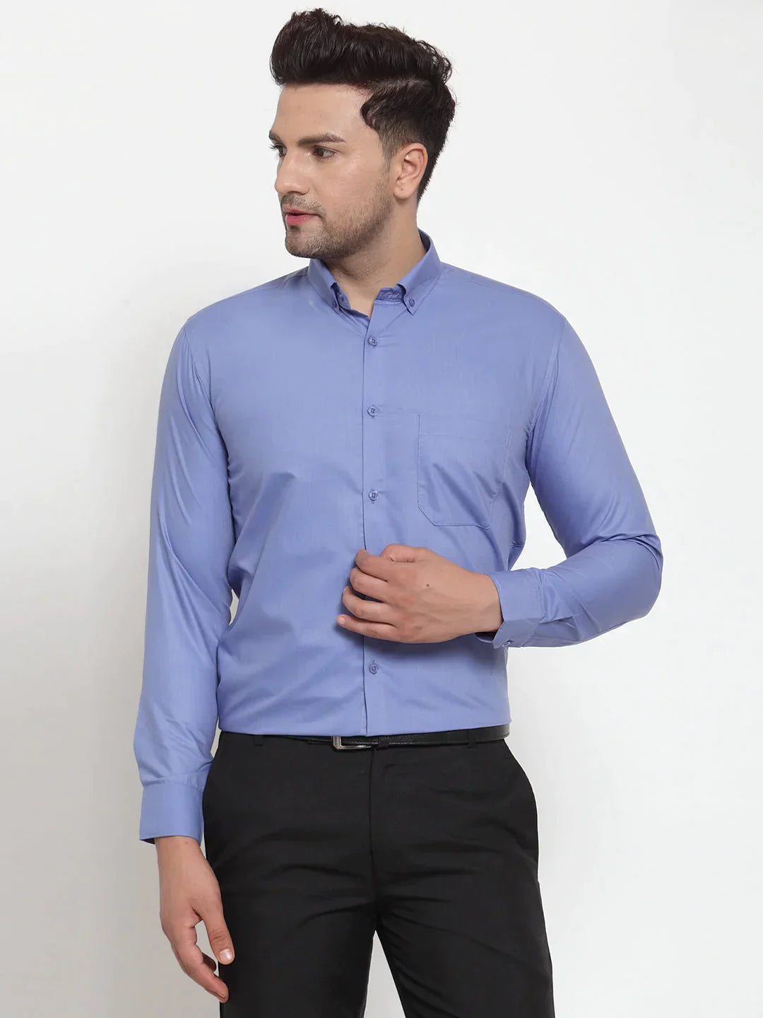 Men's Blue Cotton Solid Button Down Formal Shirts - Taantav