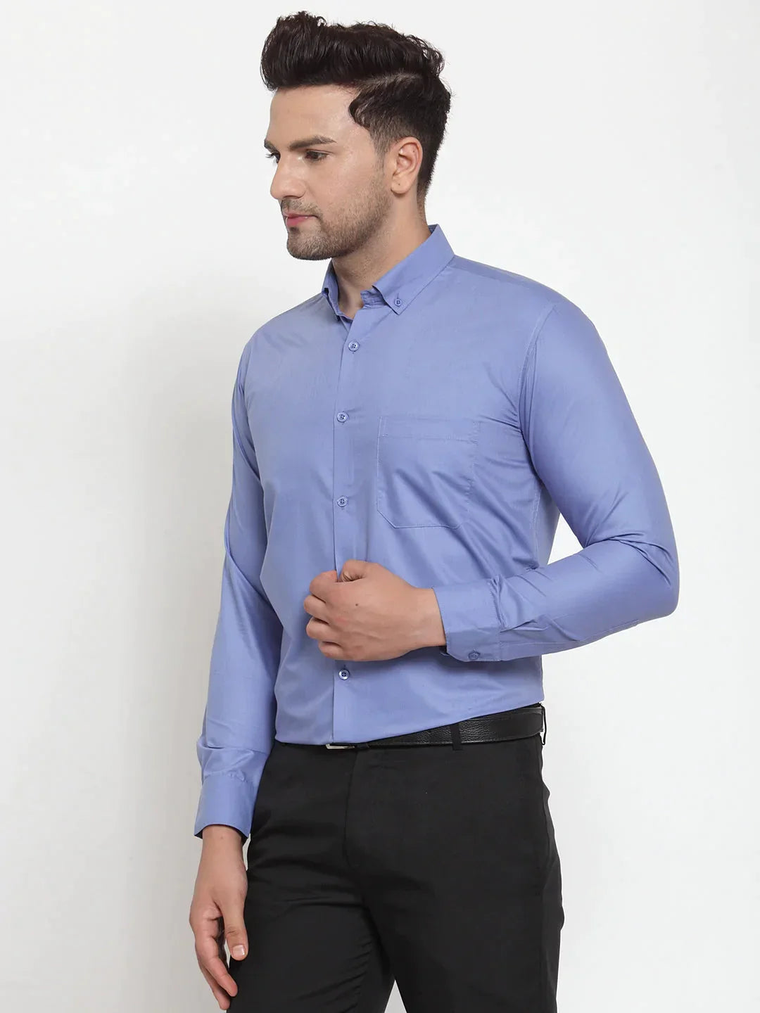 Men's Blue Cotton Solid Button Down Formal Shirts - Taantav