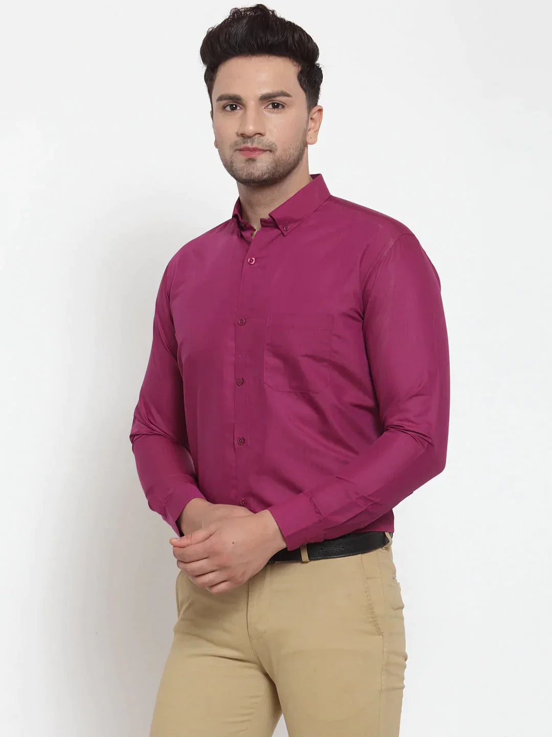 Men's Red Cotton Solid Button Down Formal Shirts - Taantav