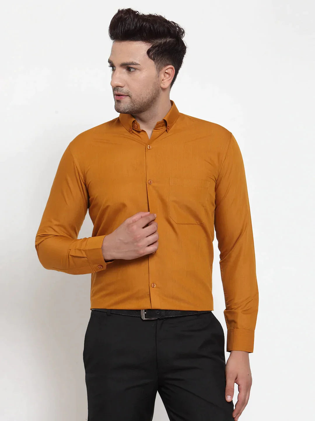 Men's Yellow Cotton Solid Button Down Formal Shirts - Taantav