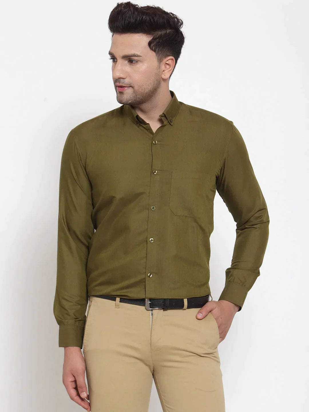 Men's Green Cotton Solid Button Down Formal Shirts - Taantav