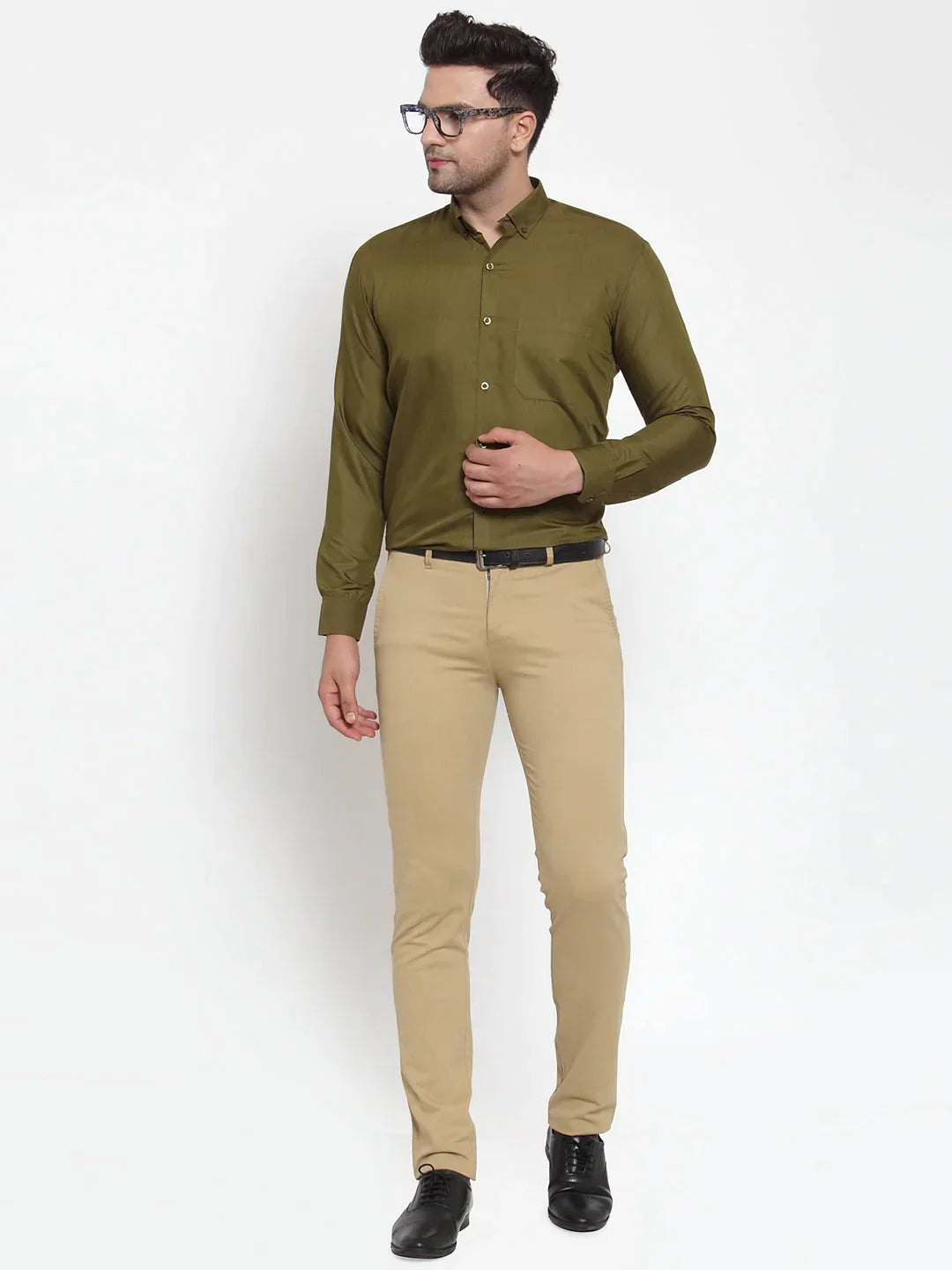 Men's Green Cotton Solid Button Down Formal Shirts - Taantav