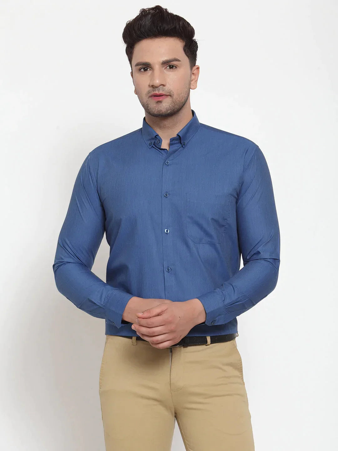 Men's Blue Cotton Solid Button Down Formal Shirts - Taantav