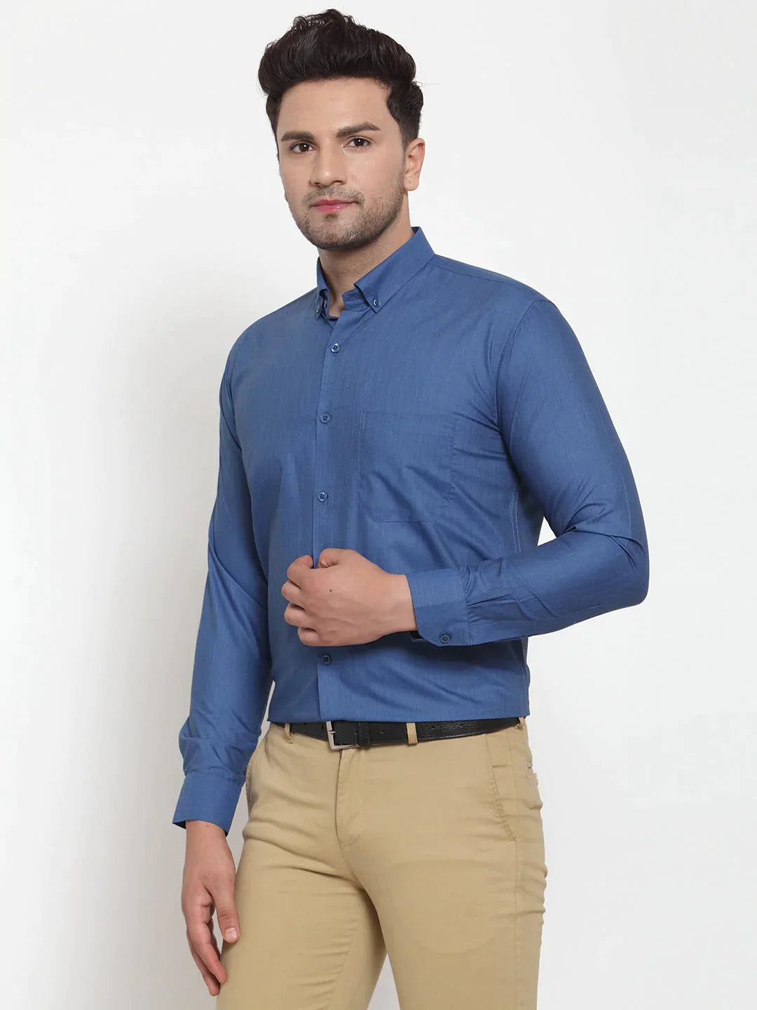 Men's Blue Cotton Solid Button Down Formal Shirts - Taantav