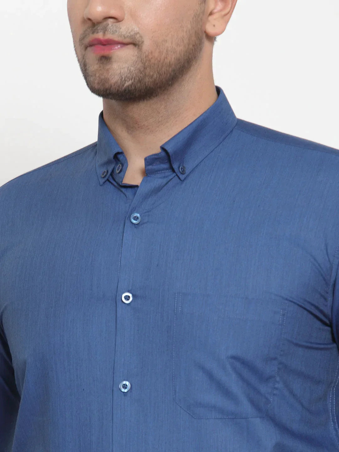 Men's Blue Cotton Solid Button Down Formal Shirts - Taantav