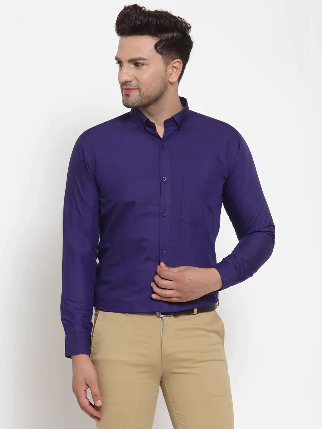 Men's Purple Cotton Solid Button Down Formal Shirts - Taantav