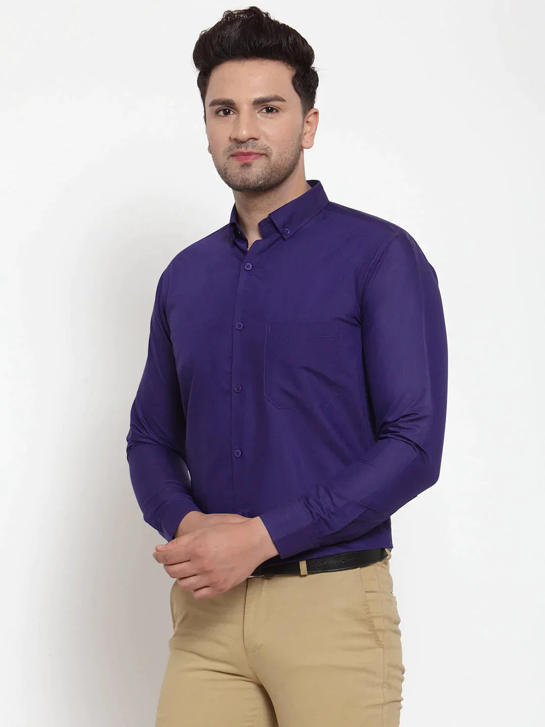 Men's Purple Cotton Solid Button Down Formal Shirts - Taantav