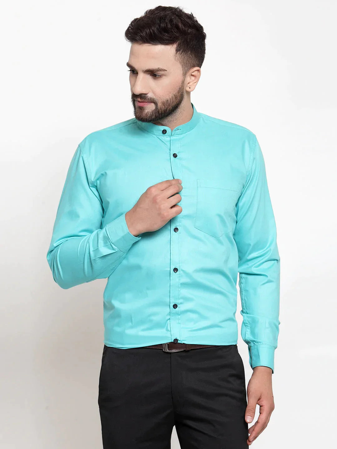 Men's Green Cotton Solid Mandarin Collar Formal Shirts - Taantav