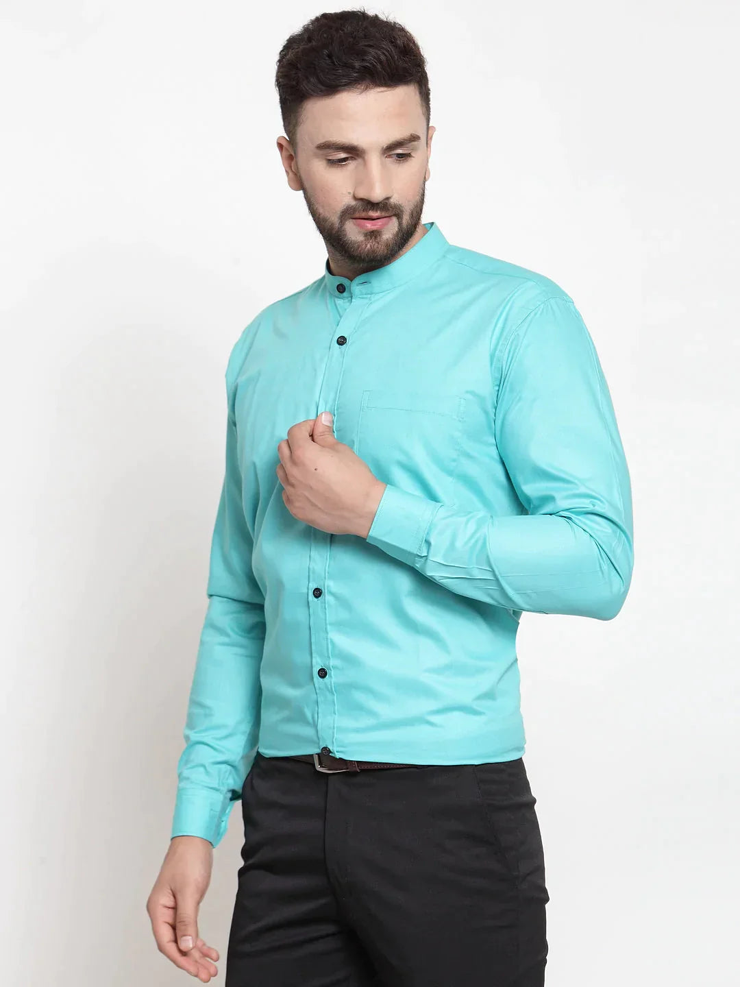 Men's Green Cotton Solid Mandarin Collar Formal Shirts - Taantav