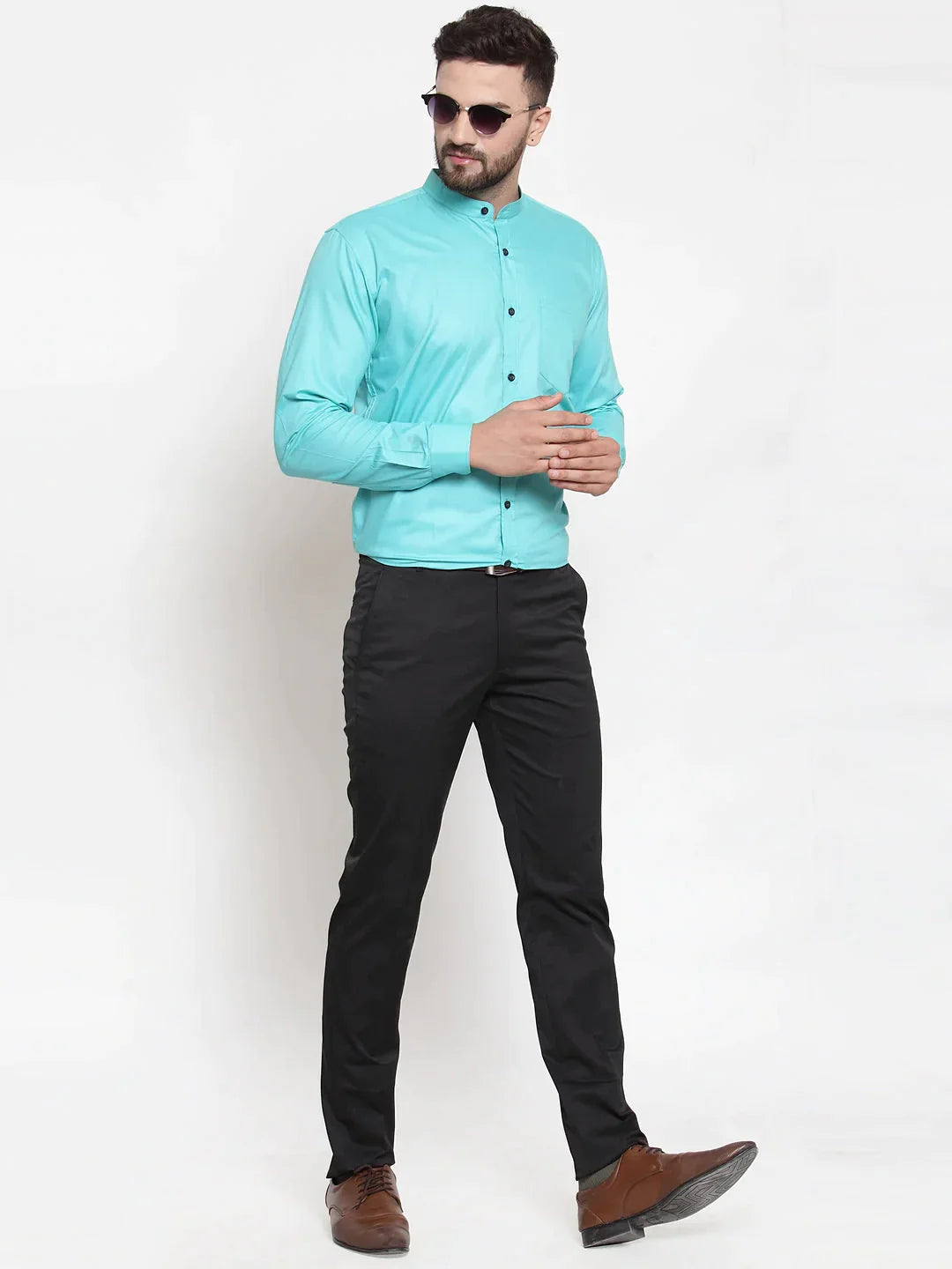 Men's Green Cotton Solid Mandarin Collar Formal Shirts - Taantav