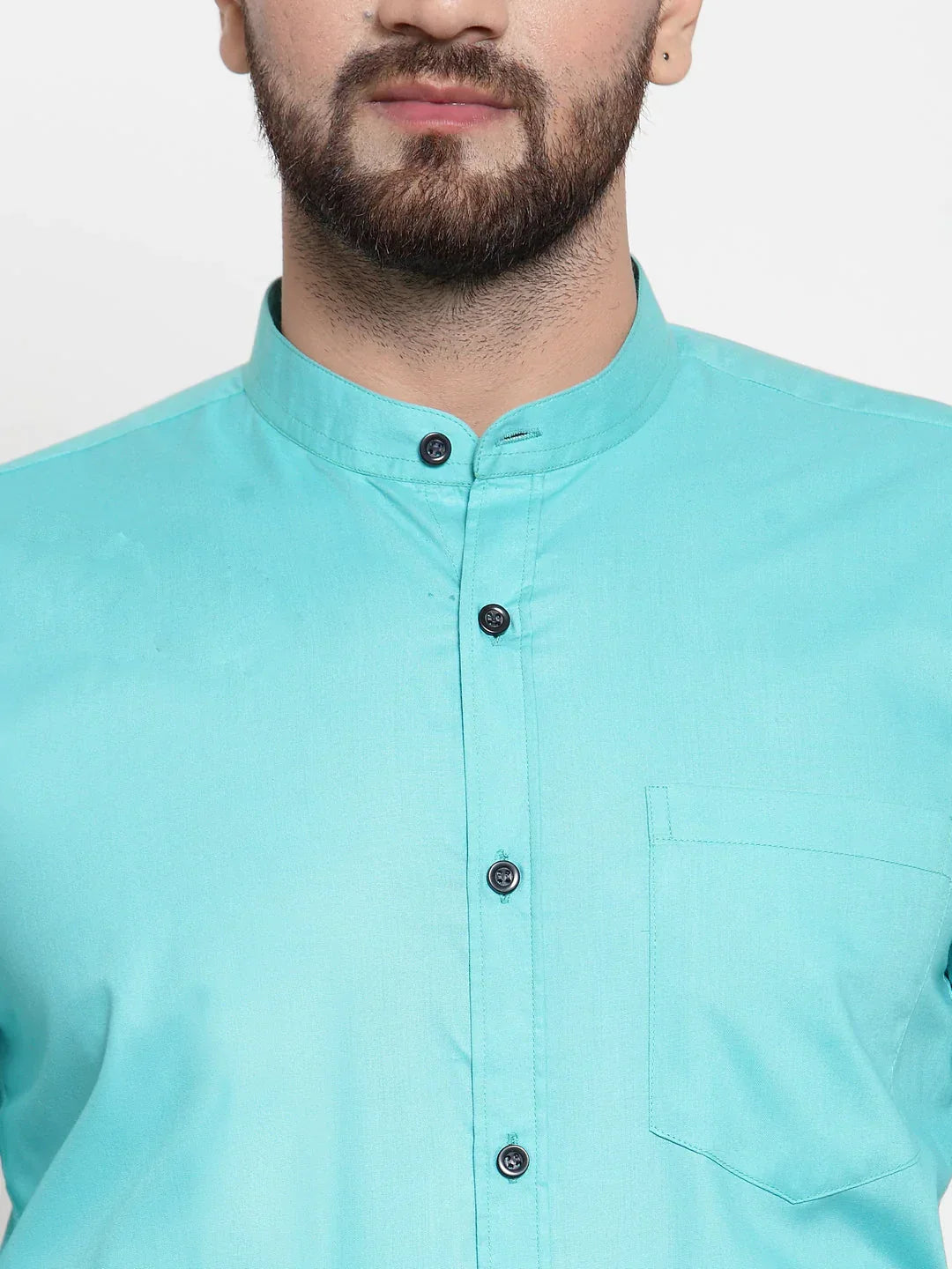 Men's Green Cotton Solid Mandarin Collar Formal Shirts - Taantav