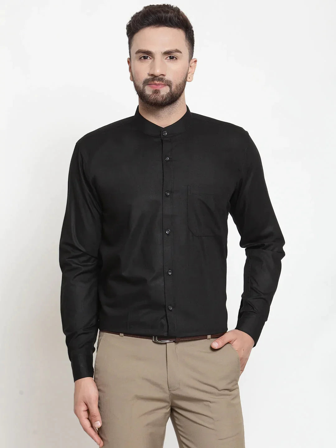 Men's Black Cotton Solid Mandarin Collar Formal Shirts - Taantav