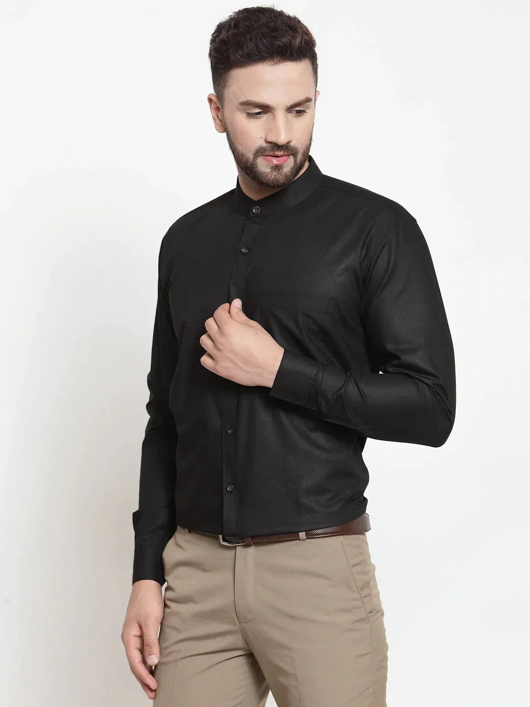 Men's Black Cotton Solid Mandarin Collar Formal Shirts - Taantav