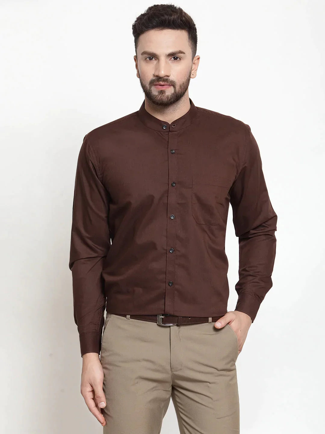 Men's Brown Cotton Solid Mandarin Collar Formal Shirts - Taantav