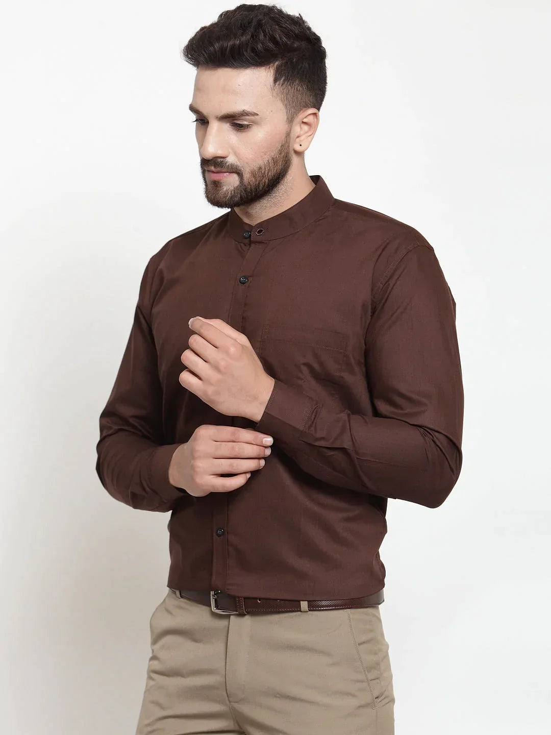 Men's Brown Cotton Solid Mandarin Collar Formal Shirts - Taantav