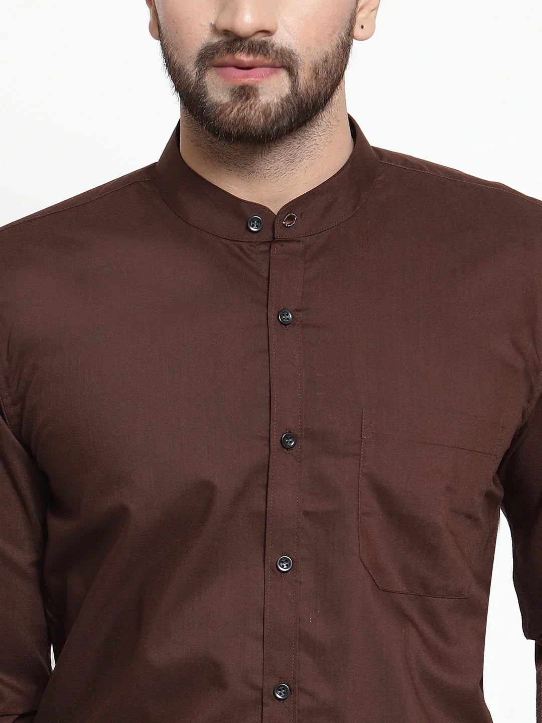 Men's Brown Cotton Solid Mandarin Collar Formal Shirts - Taantav