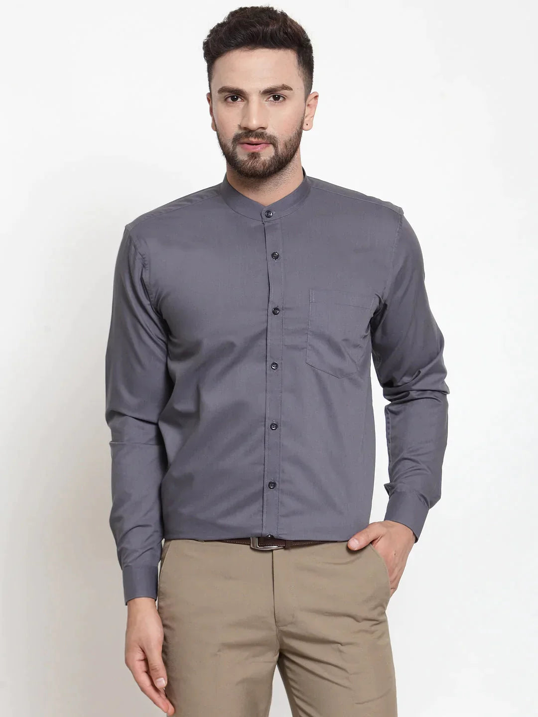 Men's Grey Cotton Solid Mandarin Collar Formal Shirts - Taantav