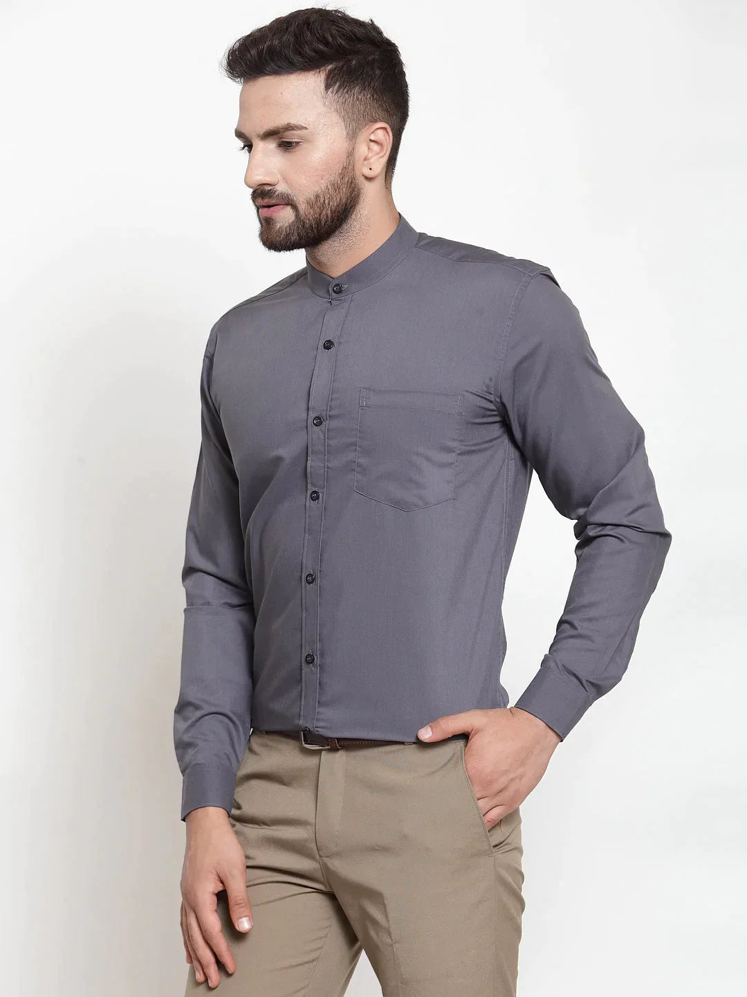 Men's Grey Cotton Solid Mandarin Collar Formal Shirts - Taantav