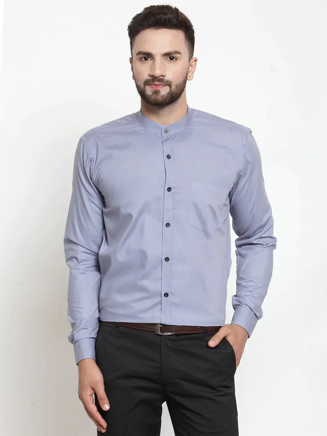 Men's Grey Cotton Solid Mandarin Collar Formal Shirts - Taantav