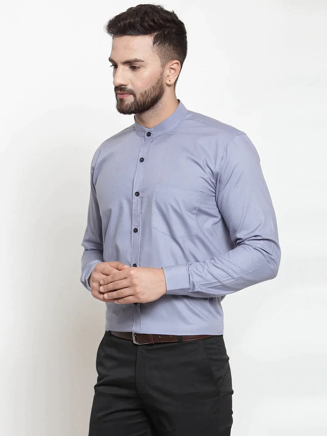 Men's Grey Cotton Solid Mandarin Collar Formal Shirts - Taantav