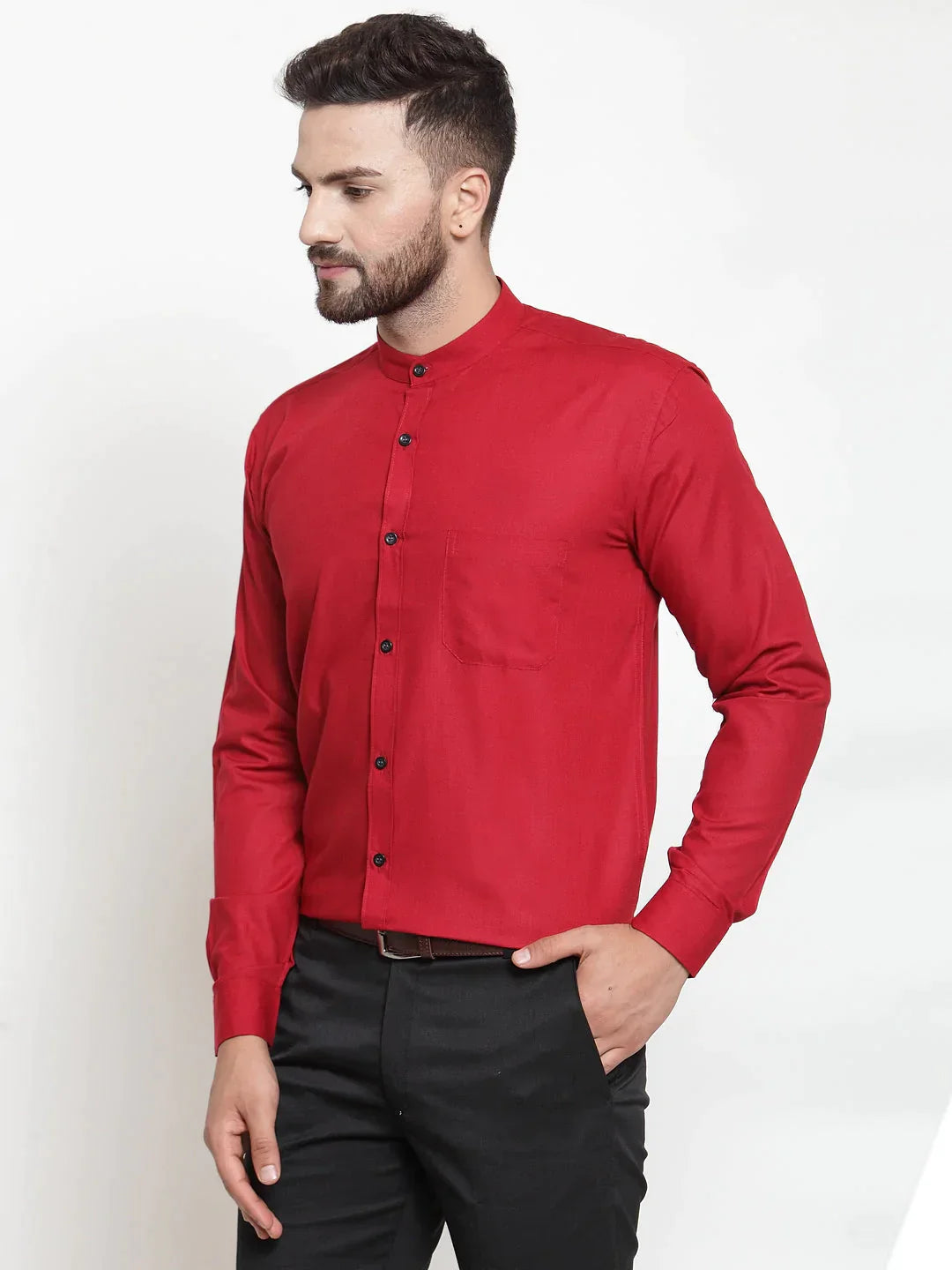 Men's Maroon Cotton Solid Mandarin Collar Formal Shirts - Taantav