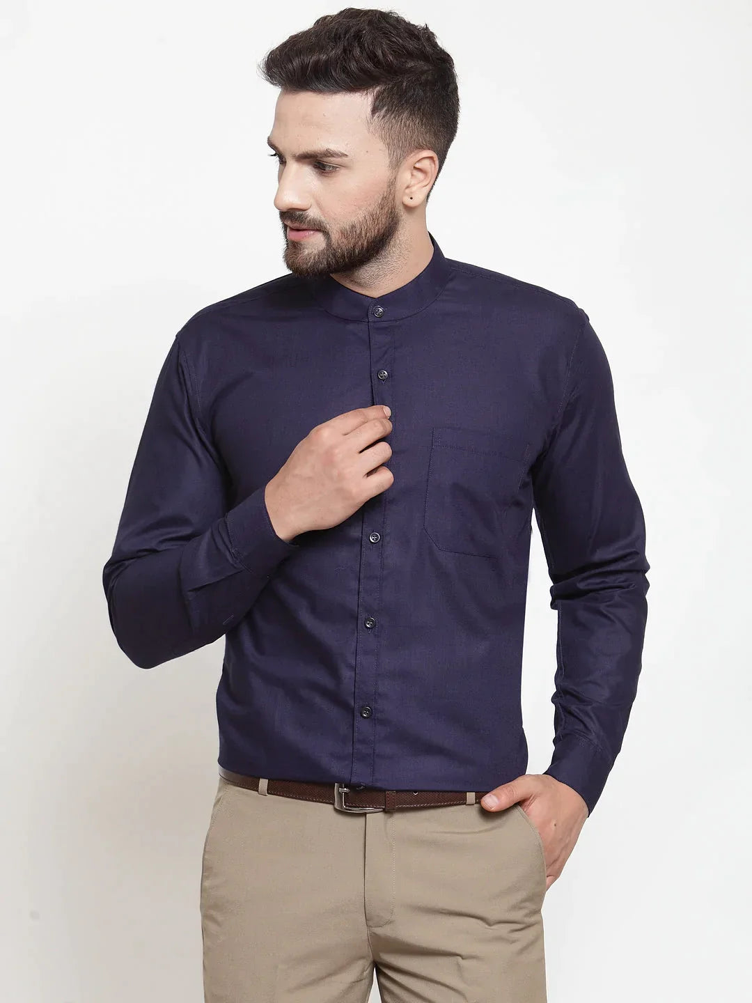 Men's Navy Cotton Solid Mandarin Collar Formal Shirts - Taantav