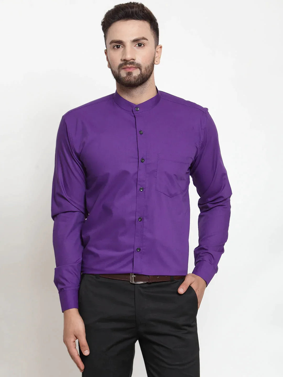 Men's Purple Cotton Solid Mandarin Collar Formal Shirts - Taantav