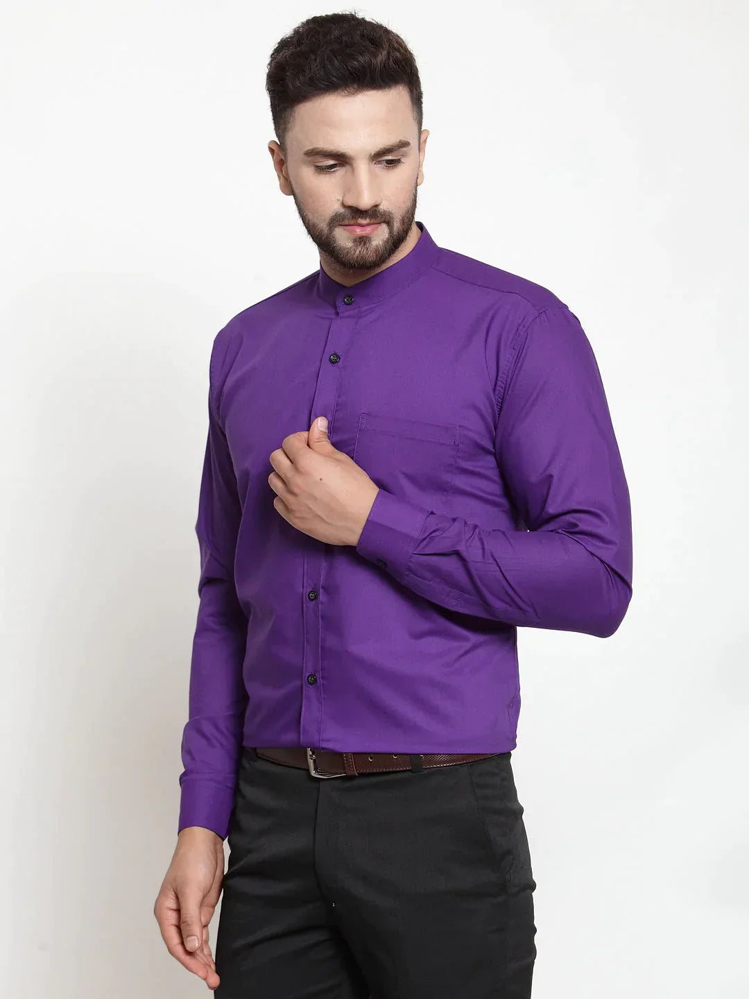 Men's Purple Cotton Solid Mandarin Collar Formal Shirts - Taantav